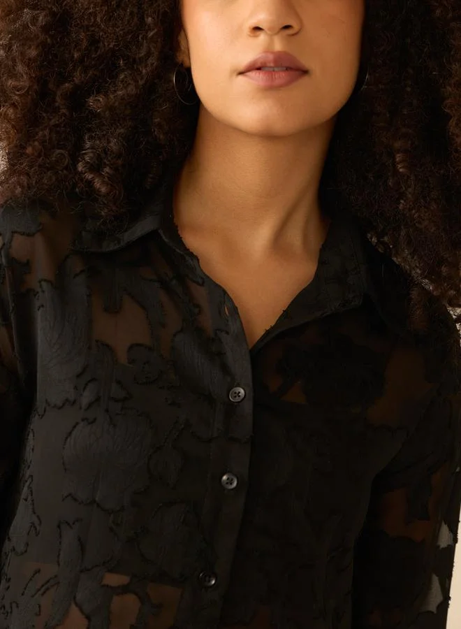 Outzidr  Black Sheer Jacquard Pattern Crop Shirt for Women | Best Price UAE