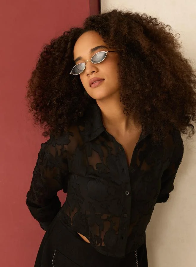 Outzidr  Black Sheer Jacquard Pattern Crop Shirt for Women | Best Price UAE