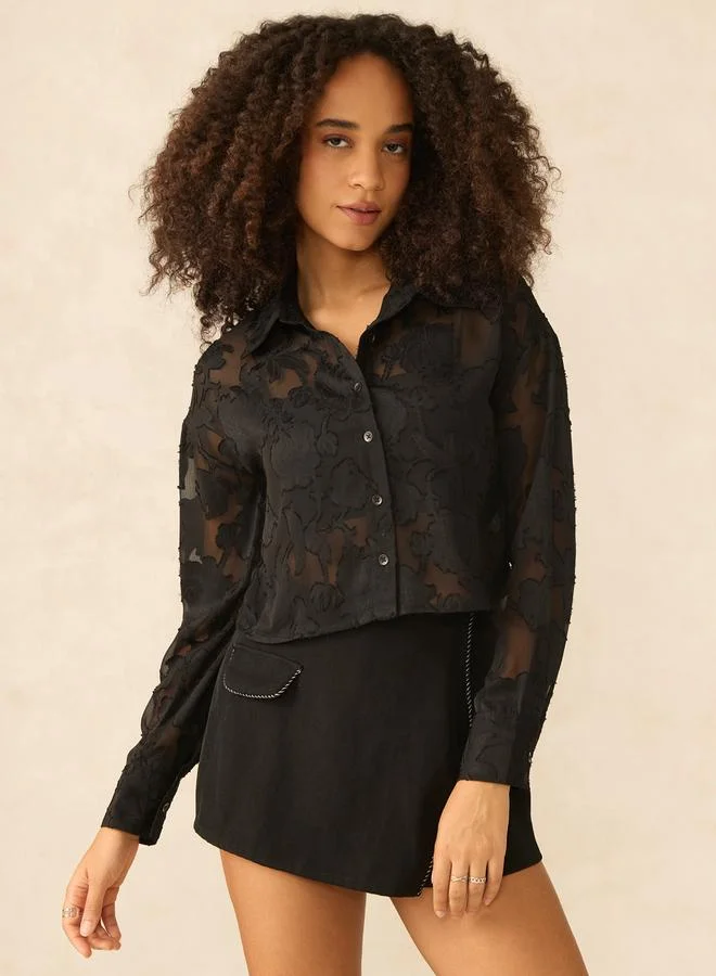 Outzidr  Black Sheer Jacquard Pattern Crop Shirt for Women | Best Price UAE