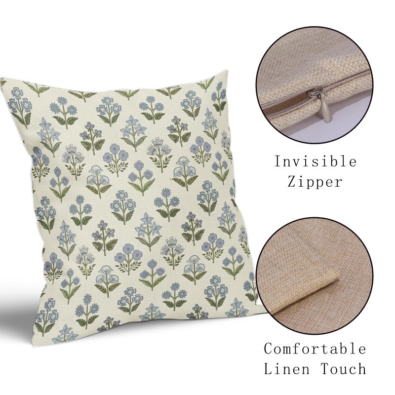 Sivirary Blue Green Block Print Pillow Covers 20x20 Inch Set of 2, Vintage Floral Spring Decorative Throw Pillow Cases Boho Cushion Covers Rustic Decoration Gift Farmhouse Sofa Couch Bed Decor - Image 4