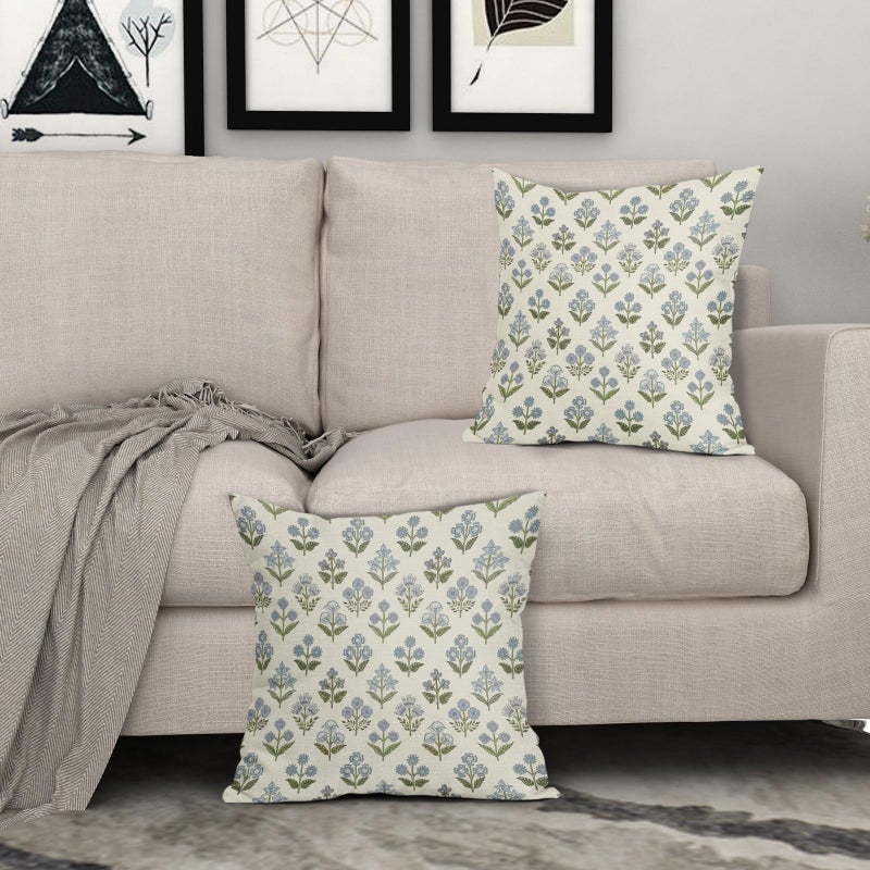Sivirary Blue Green Block Print Pillow Covers 20x20 Inch Set of 2, Vintage Floral Spring Decorative Throw Pillow Cases Boho Cushion Covers Rustic Decoration Gift Farmhouse Sofa Couch Bed Decor - Image 3