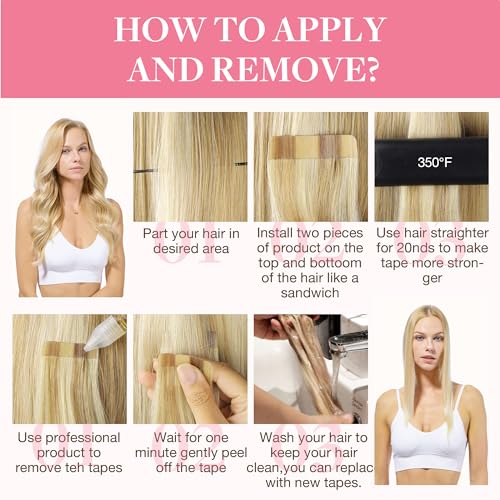 Googoo GOO GOO Tape in Hair Extensions Human Hair, 16/22 Light Blonde Highlighted Golden Blonde, 16inch 50g 20pcs, Thick Ends Straight Seamless Tape in, Invisible Tape in Hair Extensions Human Hair - Image 5
