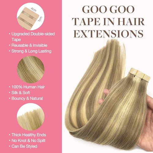 Googoo GOO GOO Tape in Hair Extensions Human Hair, 16/22 Light Blonde Highlighted Golden Blonde, 16inch 50g 20pcs, Thick Ends Straight Seamless Tape in, Invisible Tape in Hair Extensions Human Hair - Image 2