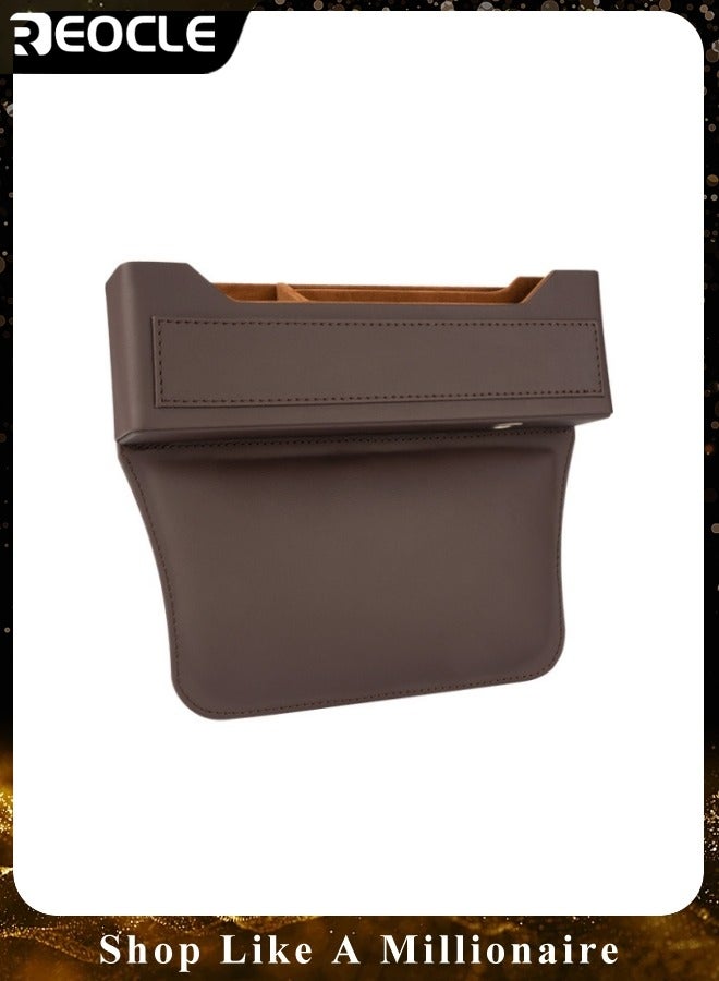 REOCLE Car Seat Gap Filler Universal Fit Car Seat Gap Organizer Premium Leather Car Seat Storage Box Adjustable Stop Drop Car Seat Organizer and Storage Front Seat for Phones Cards Keys Brown - Image 1