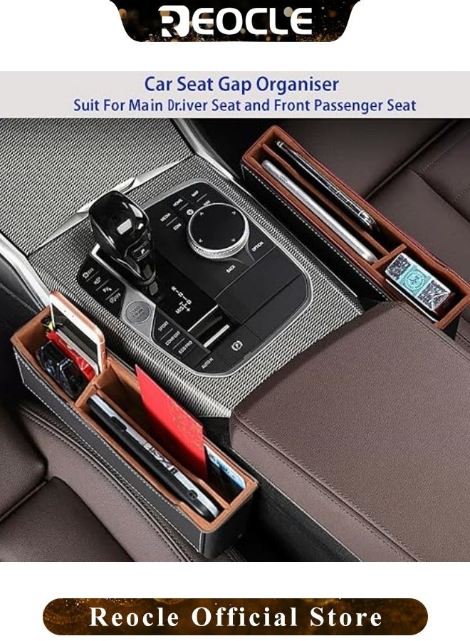 REOCLE Car Seat Gap Filler Universal Fit Car Seat Gap Organizer Premium Leather Car Seat Storage Box Adjustable Stop Drop Car Seat Organizer and Storage Front Seat for Phones Cards Keys Brown - Image 2