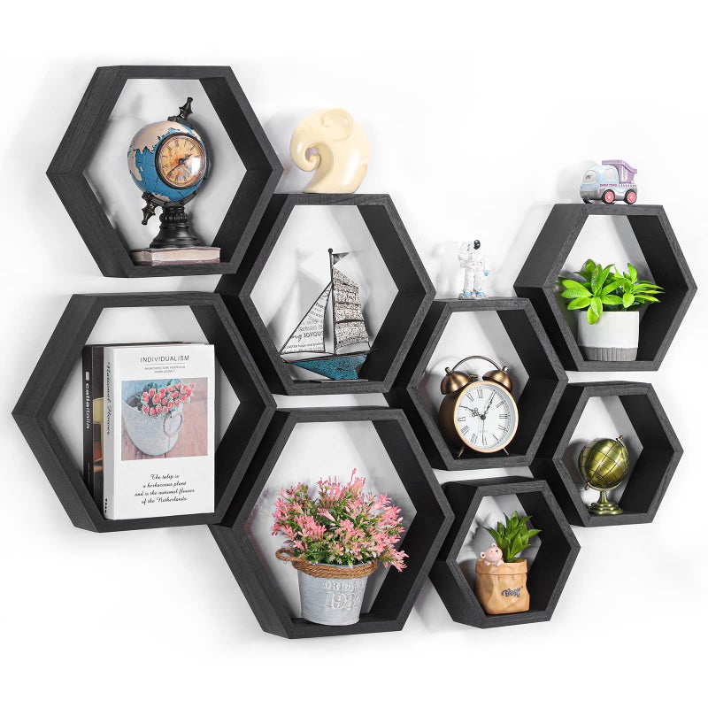 CADUKE Hexagon Shelves for Wall Hexagonal Floating Shelves Set of 8 Honeycomb Wood Shelves for Wall Decor Hanging Plants Shelf for Living Room Storage Hexagon Racks for Bedroom Black