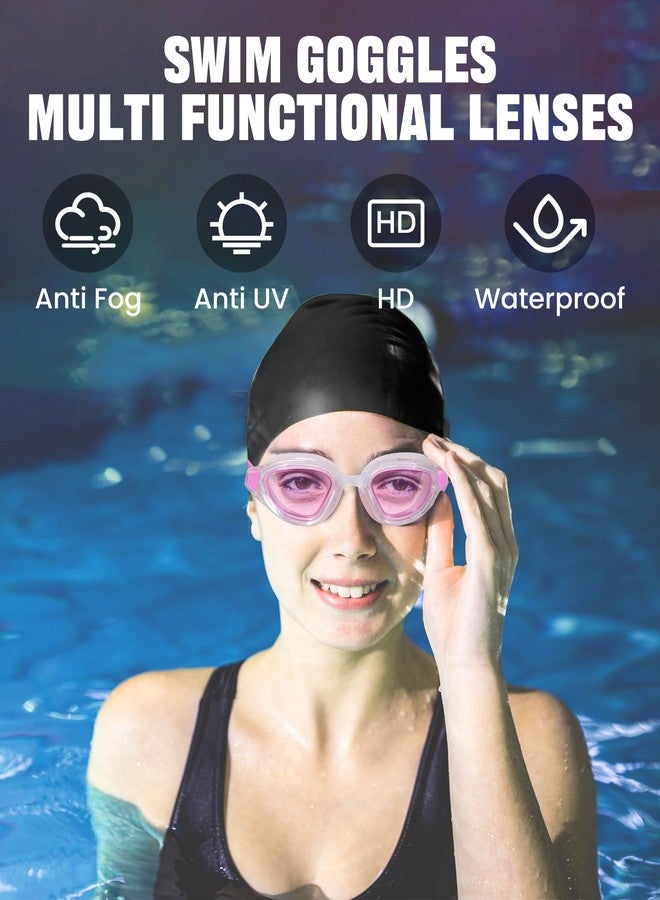 Keary Pink Swimming Goggles Adult Anti-Fog UV Protection Wide Field Vision Unisex Full Rim Plastic Frame Compact Round Swim Goggles with Case - Image 2