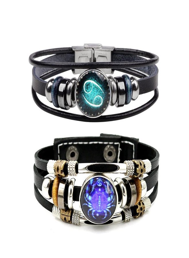 WLLAY 2pcs Retro 12 Zodiac Constellation Beaded Hand Woven Leather Bracelet PUNK Chain Cuff (Cancer) - Image 1