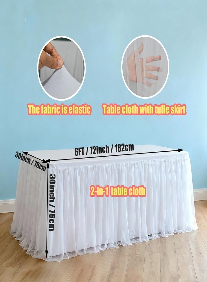 Yoquare 1-Pack White 2-in-1 Tulle Tablecloth for 6-Foot Rectangular Table – Stretch Fitted Table Skirt & Cover for Baby Shower, Bridal, Birthday, Princess Party - Image 2