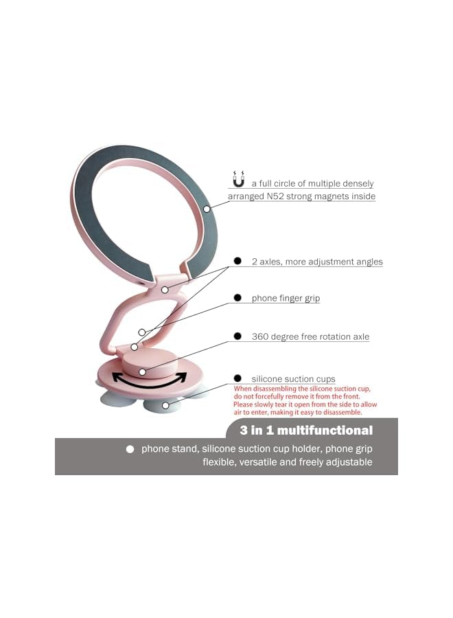 S-TOP Magnetic Phone Holder wtih Suction Cup, Multifunctional Cellphone Stand wtih Suction Cup, Mount Ring Grip, Kickstand Compatible with iPhone 16/15/14/13/12 Series Case (Pink) - Image 4
