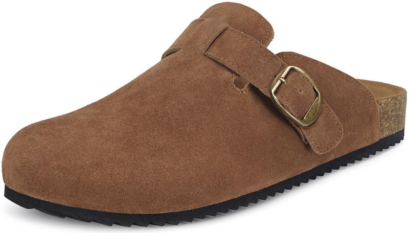 Intini Unisex Suede Leather Clogs Mules Mens Womens Cork Footbed House Slipers with Arch Support and Adjustable Buckle Rust - Image 1