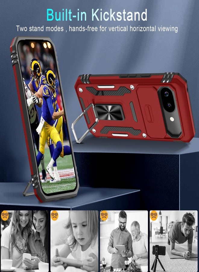 DEERLAMN جراب DEERLAMN لهاتف Google Pixel 9A مع غطاء كاميرا منزلق + واقي شاشة (عبوة واحدة)، غطاء حماية مقاوم للصدمات من الدرجة العسكرية مع مسند حلقي دوار - أحمر - Image 4