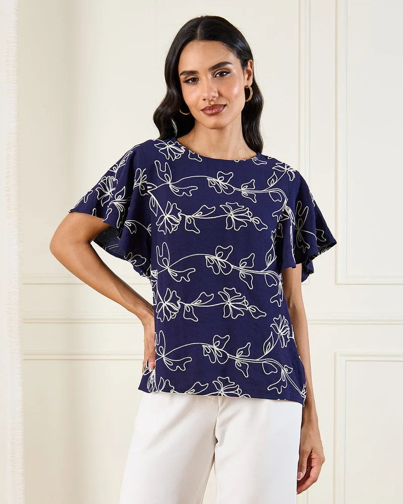 REDTAG Women Navy Embroidered Top