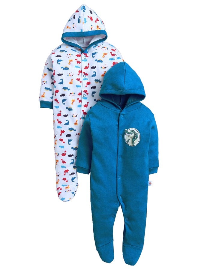 BUMZEE Baby Boys Cotton Full Sleeves Pack of 2 Hooded Sleepsuit Royal Blue & White - New Born (Peb11021A-rbl) - Image 1