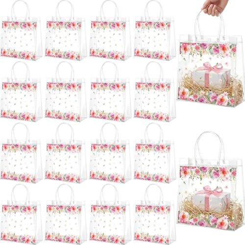 Resholder 24 Pcs Pink Foral Party Gift Bags Clear Butterfly and Flowers Goodie Bags with Handle 8 x 8 x 3.15 Inch Return Gift Wrap Totes for Guests Wedding Birthday Baby Shower Spring Party Supplies - Image 1