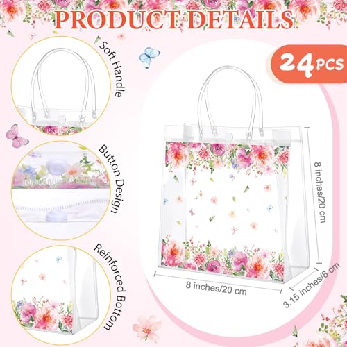 Resholder 24 Pcs Pink Foral Party Gift Bags Clear Butterfly and Flowers Goodie Bags with Handle 8 x 8 x 3.15 Inch Return Gift Wrap Totes for Guests Wedding Birthday Baby Shower Spring Party Supplies - Image 2