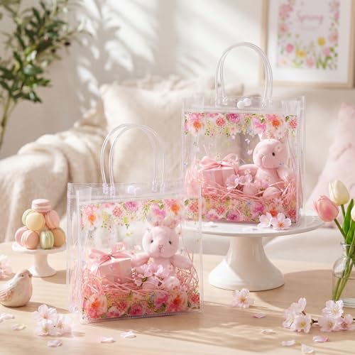 Resholder 24 Pcs Pink Foral Party Gift Bags Clear Butterfly and Flowers Goodie Bags with Handle 8 x 8 x 3.15 Inch Return Gift Wrap Totes for Guests Wedding Birthday Baby Shower Spring Party Supplies - Image 5