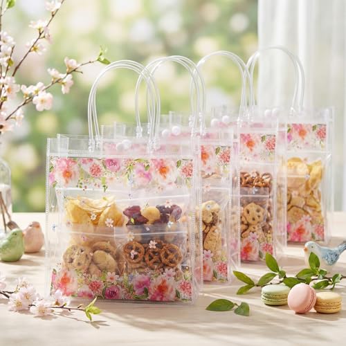 Resholder 24 Pcs Pink Foral Party Gift Bags Clear Butterfly and Flowers Goodie Bags with Handle 8 x 8 x 3.15 Inch Return Gift Wrap Totes for Guests Wedding Birthday Baby Shower Spring Party Supplies - Image 3