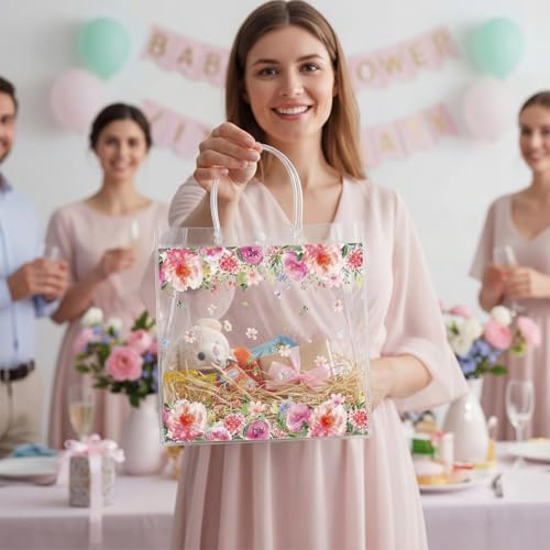 Resholder 24 Pcs Pink Foral Party Gift Bags Clear Butterfly and Flowers Goodie Bags with Handle 8 x 8 x 3.15 Inch Return Gift Wrap Totes for Guests Wedding Birthday Baby Shower Spring Party Supplies - Image 4