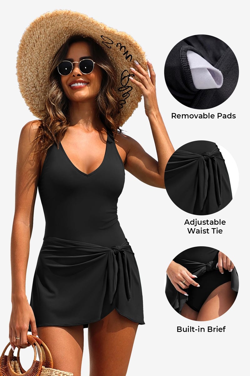 Tempt Me Women Black One Piece Swim Dress 2025 Tummy Control Swimsuit with Skirt Wrap Tie Side Swimdress Bathing Suit M - Image 4
