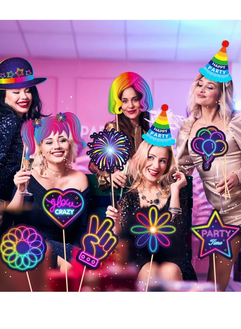 SYOSI 25 Pieces Glow in the Dark Neon Themed Photo Booth Props with Sticks, Glow in the Dark Party Supplies Like Glow in the Dark Party Decorations Disco Black Light Birthday Party Supplies - Image 4