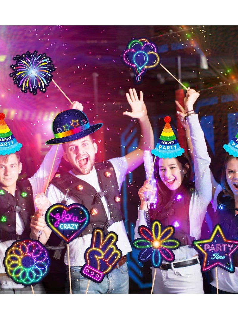 SYOSI 25 Pieces Glow in the Dark Neon Themed Photo Booth Props with Sticks, Glow in the Dark Party Supplies Like Glow in the Dark Party Decorations Disco Black Light Birthday Party Supplies - Image 3