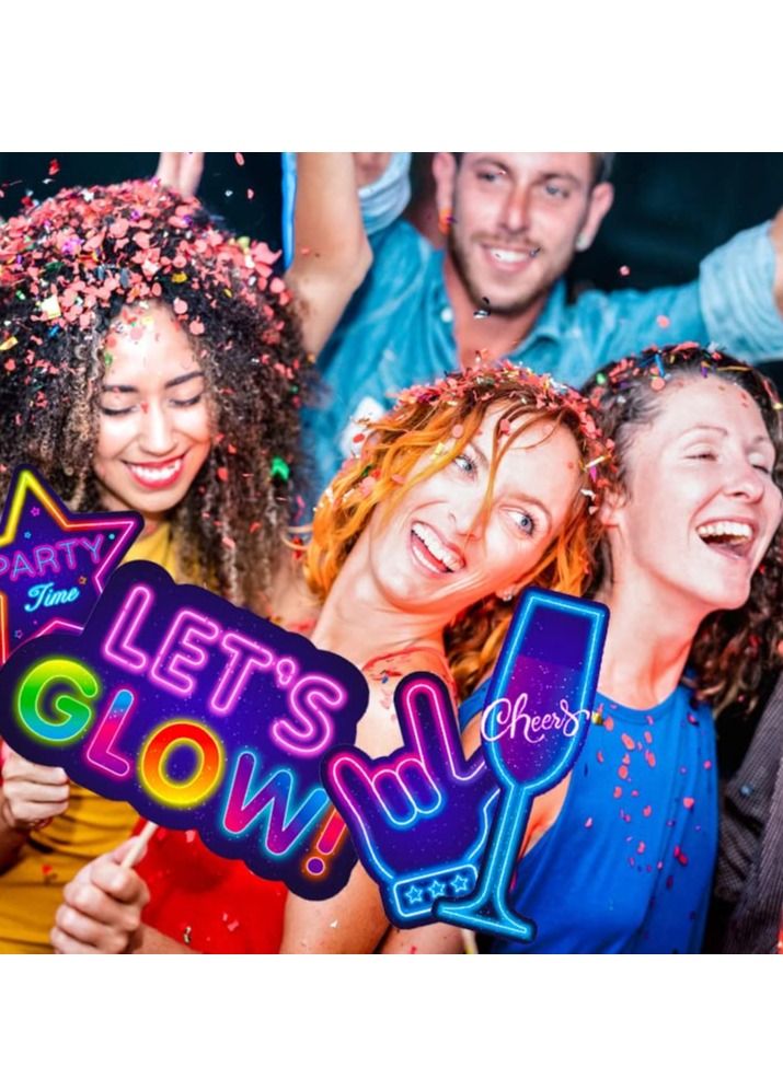 SYOSI 25 Pieces Glow in the Dark Neon Themed Photo Booth Props with Sticks, Glow in the Dark Party Supplies Like Glow in the Dark Party Decorations Disco Black Light Birthday Party Supplies - Image 5