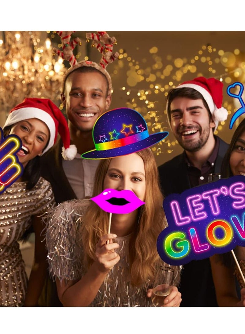 SYOSI 25 Pieces Glow in the Dark Neon Themed Photo Booth Props with Sticks, Glow in the Dark Party Supplies Like Glow in the Dark Party Decorations Disco Black Light Birthday Party Supplies - Image 2