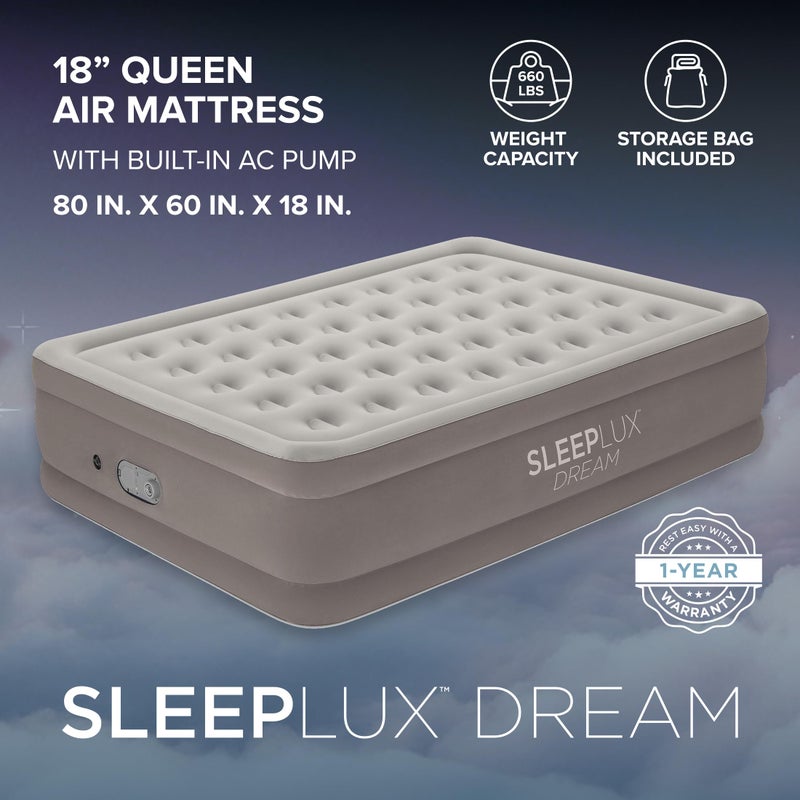 SLEEPLUX مرتبة هوائية فاخرة SLEEPLUX دريم كوين، مضخة مزدوجة مدمجة، تبقى منتفخة طوال الليل، بارتفاع 18 بوصة، مرتبة هوائية مزدوجة الارتفاع مع شعاع لولبي، للضيوف، تخييم RV والمنزل، ضمان لمدة سنة - Image 2