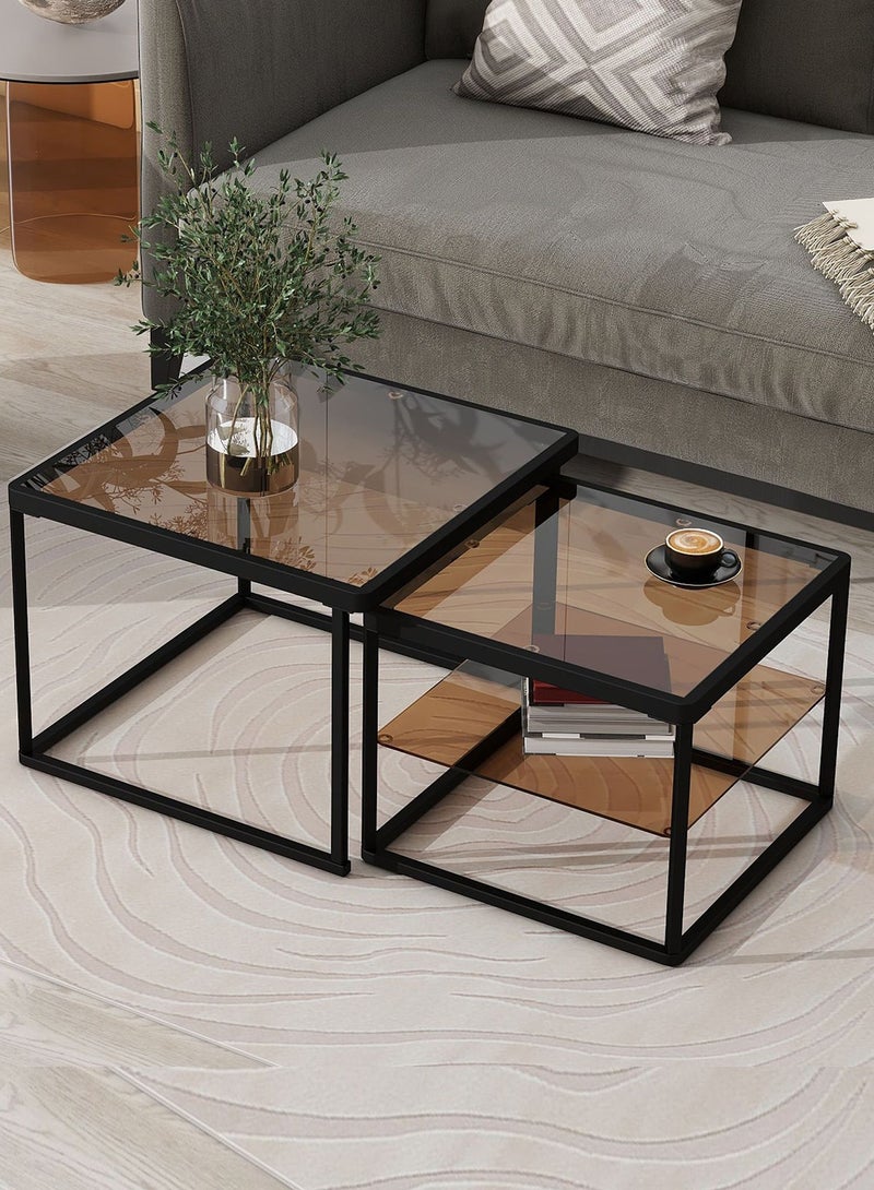 Sharpdo Modern Nested Coffee Table Set,Brown Tempered Glass  Side Table,End Table for Living Room - Image 2