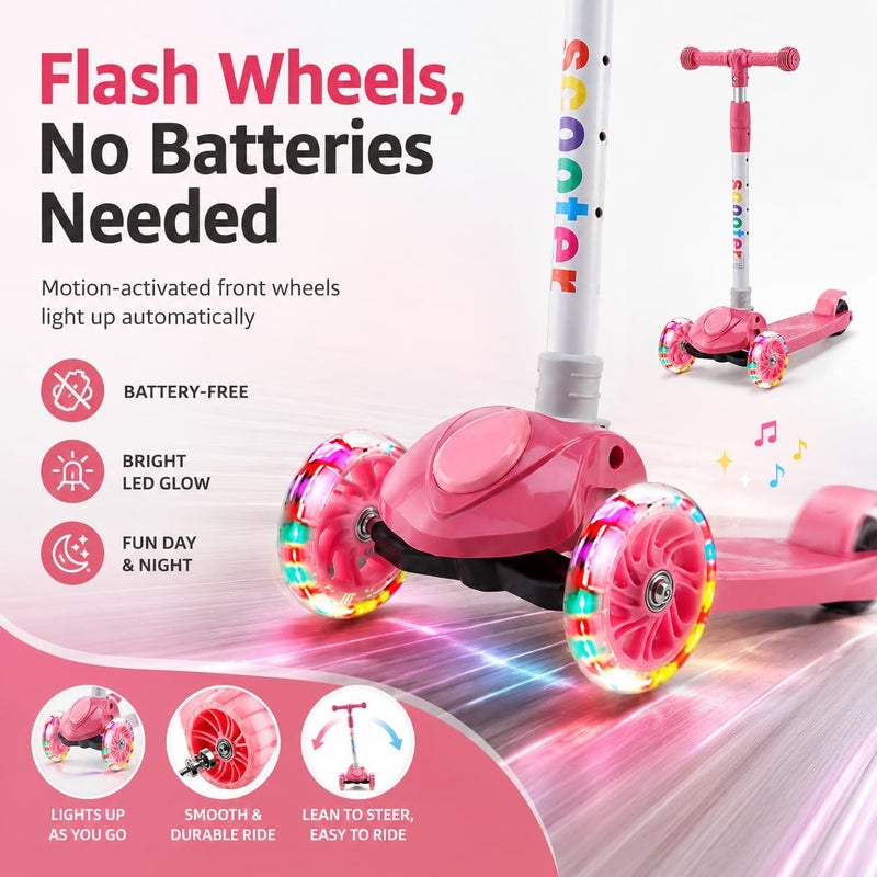 Rovyfota Kick Scooter, LED Lighted Wheels and 3Adjustable Height Handlebars, Lean-to-Steer & Widen Anti-Slip Deck, 3 Wheel Scooter for Boys & Girls Ages 2-8 and up to 100 Lbs - Image 3