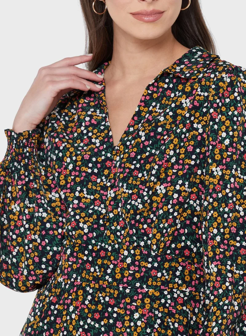 Louche Floral Print Balloon Sleeve Pocket Detail Dress