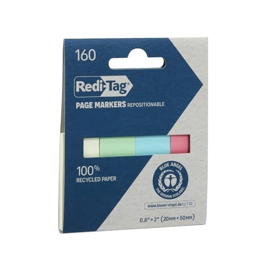 Redi-Tag Pastel Page Markers, Adhesive Flags for Journals, Books and Binders, Recycled Sticky Flags, 4 Assorted Colors: Orange, Green, Pink and Blue, 0.8" x 2", 160 Per Pack (1016828) - Image 1