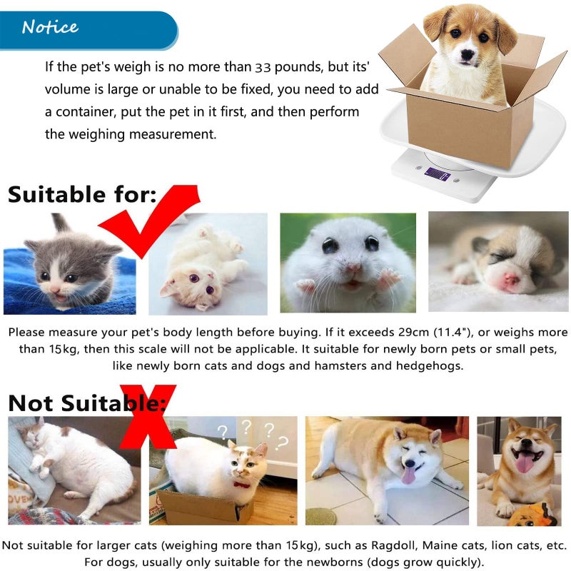 LFGKeng Newborn Kitten & Puppy Weight Scale, Multifunctional Digital Pet Scale, LCD Electronic Small Animal Food Scale, Weighing Max 33lbs, Tray Size 12" x 8", Not for Adult Cats/Dogs (White) - Image 5