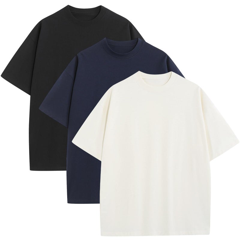 SnowElve 3 Pack Mens Oversized T-Shirts Fashion Loose Fit Crewneck Tshirt Streetwear Heavyweight Short Sleeve Tee Shirt Gym Workout Tops(WTNVBK,L) - Image 1