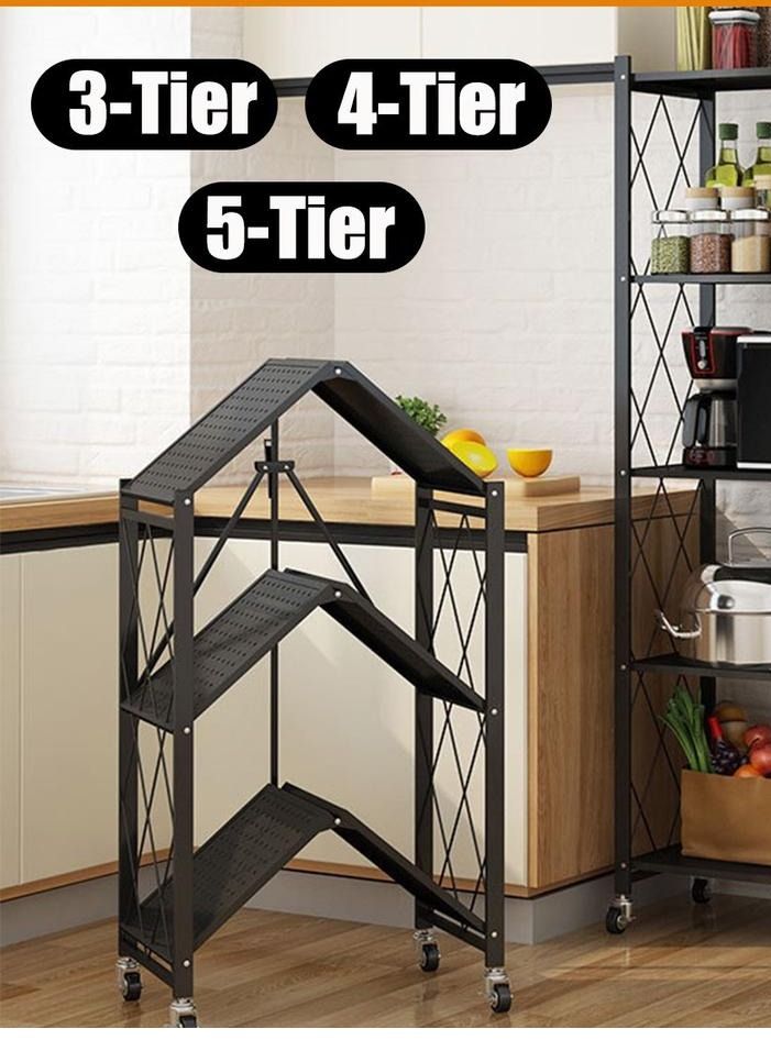 3 Layer Folding Storage Rack With Wheel Movable For Living Room Bedroom Kitchen Home Space Saving Organizer - Image 3
