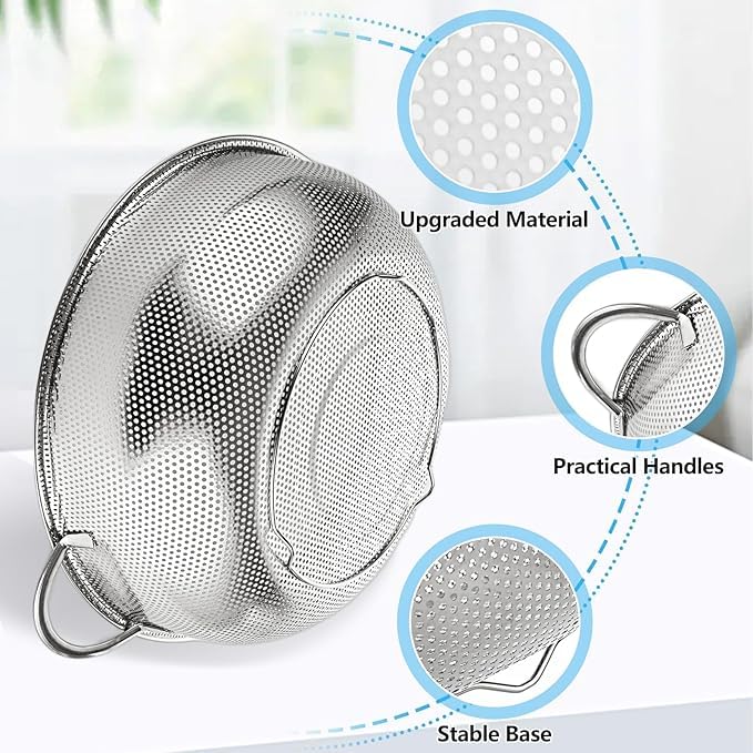 DORATIK Stainless Steel Colander 5QT MicroPerforated Metal Colander Food Strainer with Handles for Draining Washing Rinsing Steaming Non Toxic Dishwasher Safe Solid Construction 3 Stable Feet - Image 2