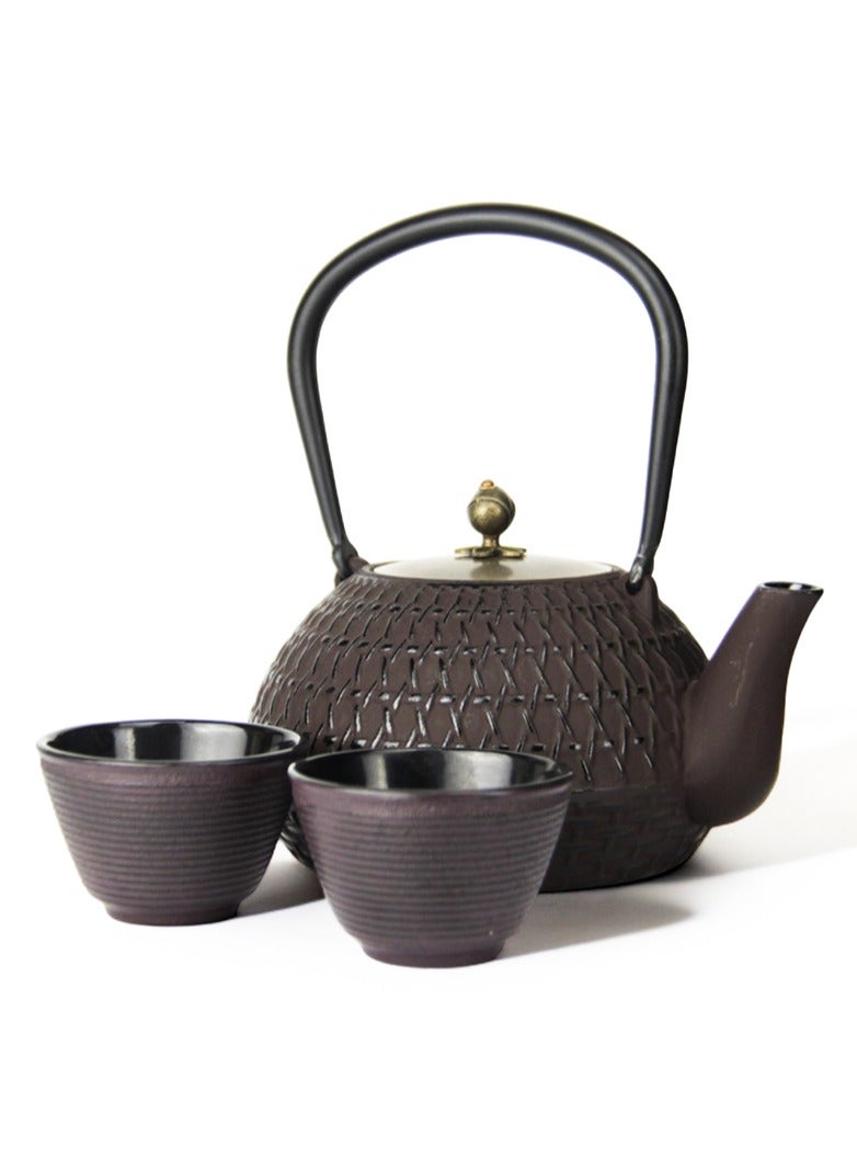 Tealand Durable Coated with Enamel Interior Cast Iron Teapot with Stainless Steel Infuser for Brewing Loose Tea Leaf 1.4 Liters Red-Brown w/ 2 cups - Image 1
