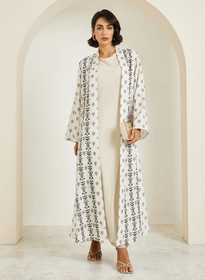 Amirah Women Cream All-Over Printed Open Front Abaya