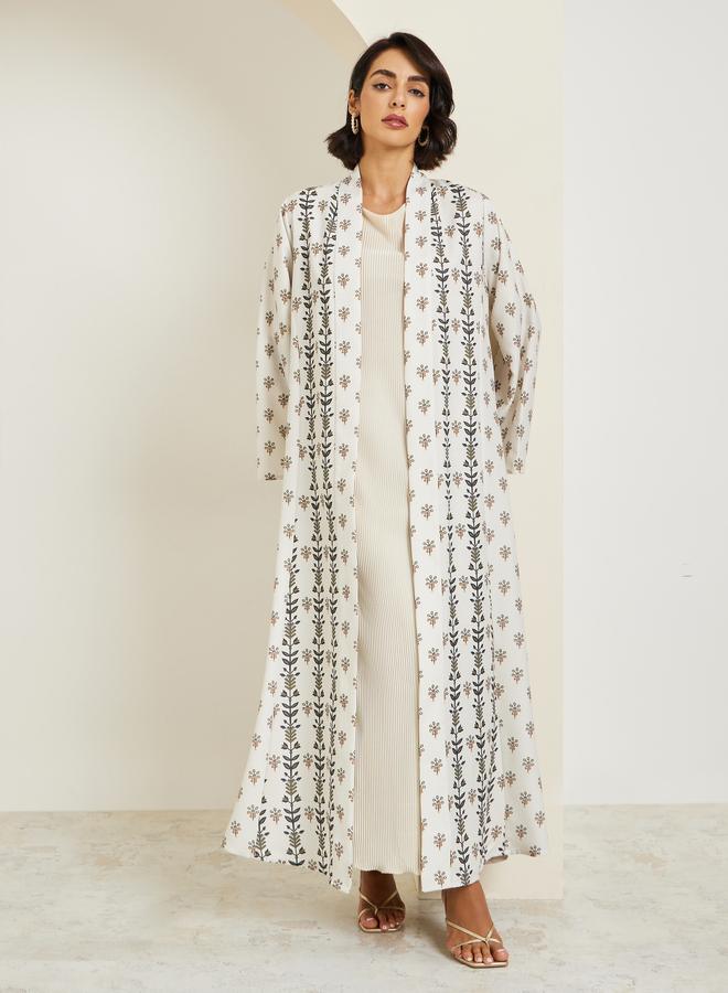 Amirah Women Cream All-Over Printed Open Front Abaya - Image 3