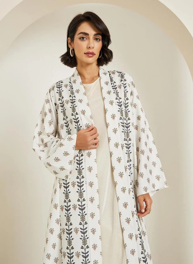 Amirah Women Cream All-Over Printed Open Front Abaya