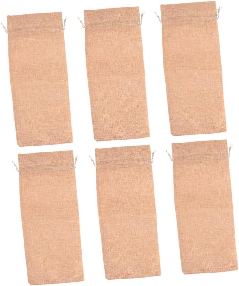 6pcs Dark Beige Linen Wine Bags Drawstring Reusable Wine Bottle Wrap Pouches for Parties and Gifting Breathable Burlap Material - Image 1