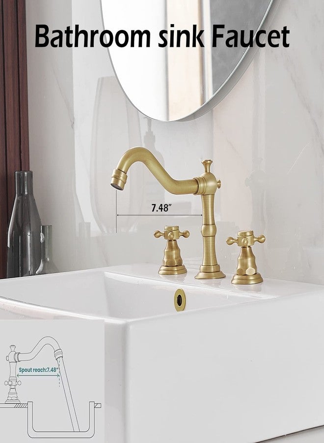 BWE 3 Hole Bathroom Faucet Widespread 2 Handles Cross Knobs Antique Brass Sink Faucet Basin Mixer Tap Matching Metal Pop Up Drain with Overflow and Supply Lines - Image 2