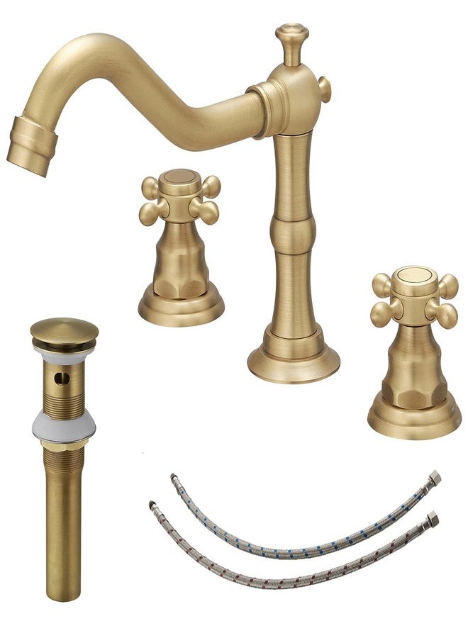 BWE 3 Hole Bathroom Faucet Widespread 2 Handles Cross Knobs Antique Brass Sink Faucet Basin Mixer Tap Matching Metal Pop Up Drain with Overflow and Supply Lines - Image 1