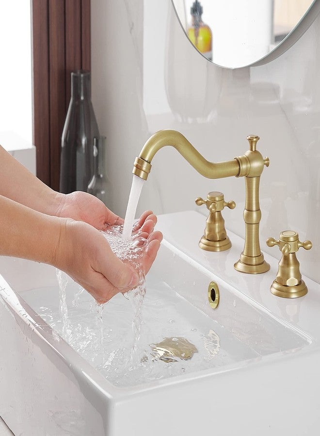 BWE 3 Hole Bathroom Faucet Widespread 2 Handles Cross Knobs Antique Brass Sink Faucet Basin Mixer Tap Matching Metal Pop Up Drain with Overflow and Supply Lines - Image 4