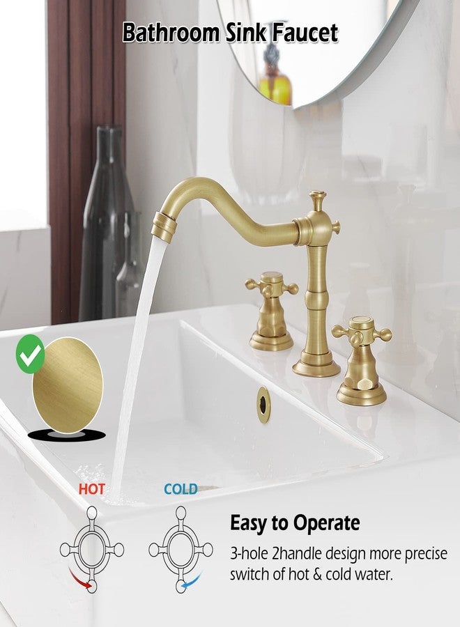 BWE 3 Hole Bathroom Faucet Widespread 2 Handles Cross Knobs Antique Brass Sink Faucet Basin Mixer Tap Matching Metal Pop Up Drain with Overflow and Supply Lines - Image 3