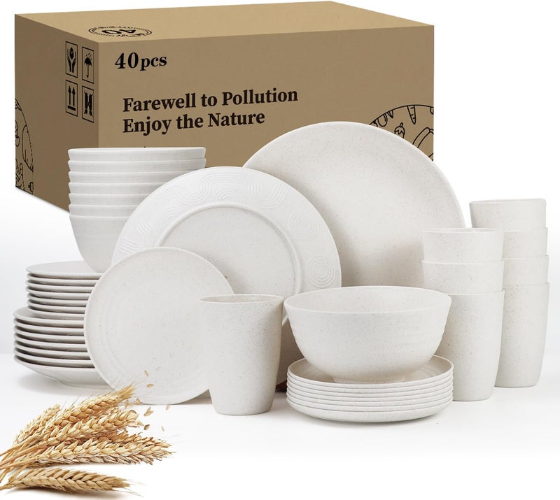 Wrova Wheat straw bowl and plate sets of 40 with cups for kids  Unbreakable plastic dinnerware sets service for 8  Microwave and Dishwasher safe dish sets for kitchen and camping White - Image 1