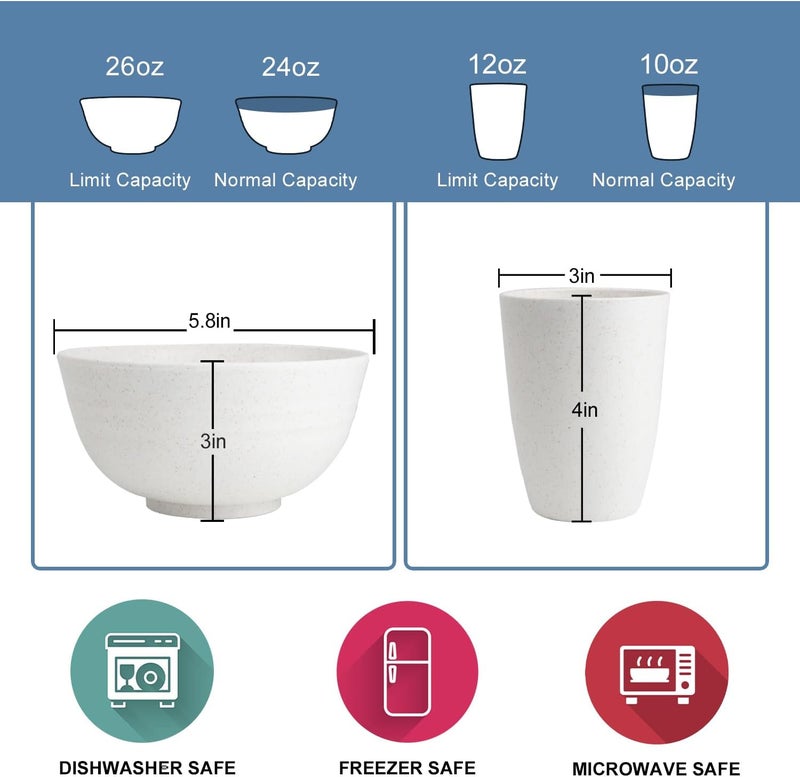 Wrova Wheat straw bowl and plate sets of 40 with cups for kids  Unbreakable plastic dinnerware sets service for 8  Microwave and Dishwasher safe dish sets for kitchen and camping White - Image 3