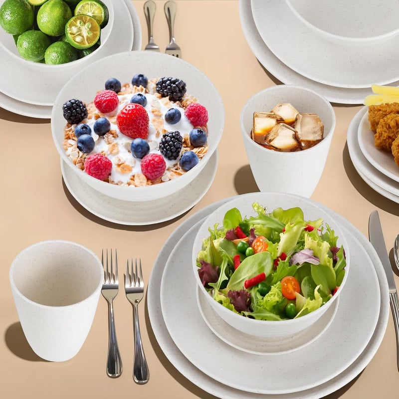 Wrova Wheat straw bowl and plate sets of 40 with cups for kids  Unbreakable plastic dinnerware sets service for 8  Microwave and Dishwasher safe dish sets for kitchen and camping White - Image 5