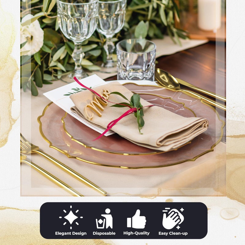 Exquisite Plastic Plates for Party 40 Piece Fancy Plastic Dinner Plates For 20 Guests 20 X 7.5 Dessert Plates & 20 X 10 Thin Delicate Disposable Dinnerware Charger Plate Pink Rose Gold Rim - Image 5